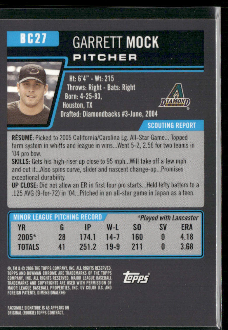Garrett Mock 2006 Bowman Chrome Prospects #BC27 Arizona Diamondbacks