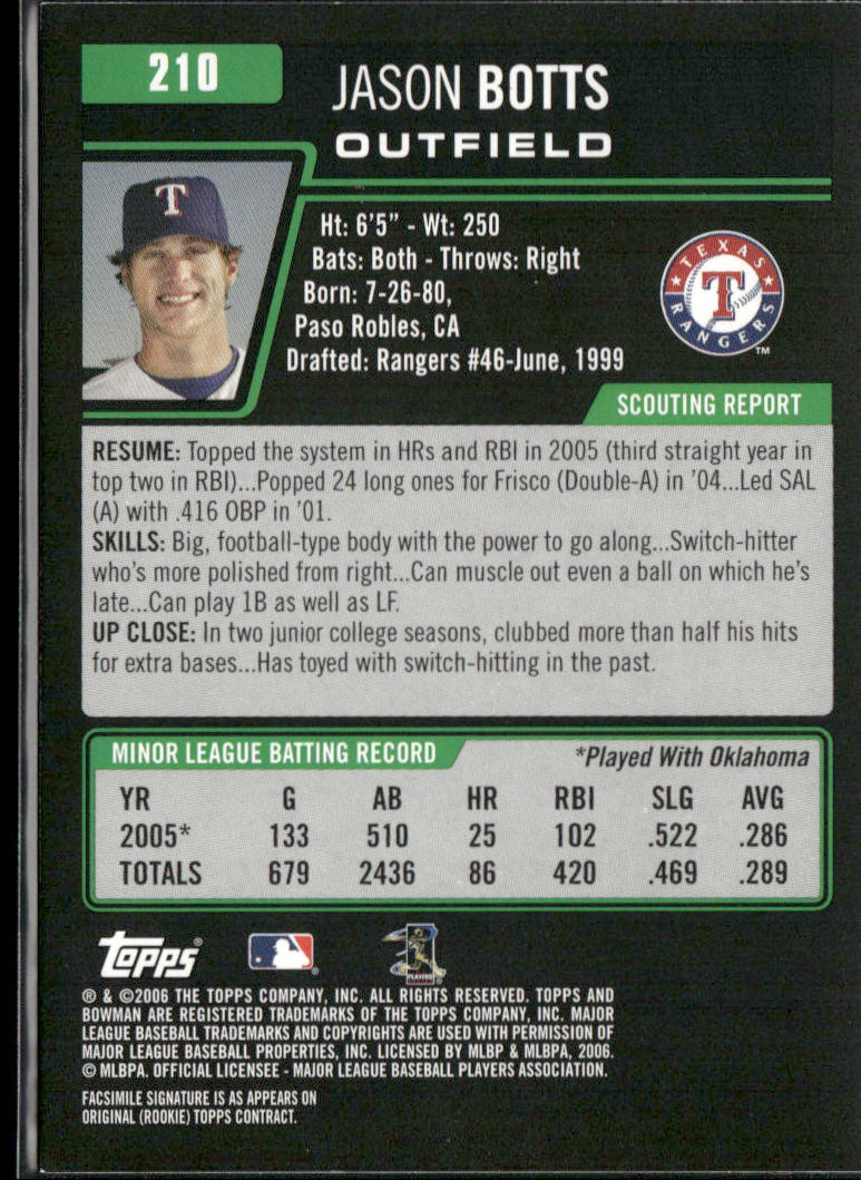 Jason Botts 2006 Bowman #210 Texas Rangers