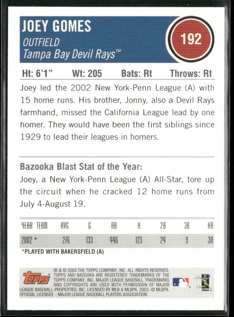 Joey Gomes 2003 Bazooka #192 RC Tampa Bay Devil Rays