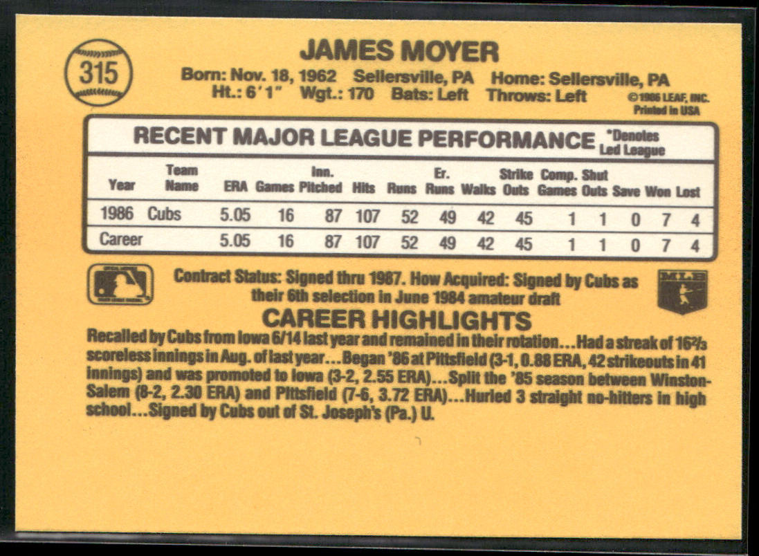 Jamie Moyer 1987 Donruss #315 RC Chicago Cubs