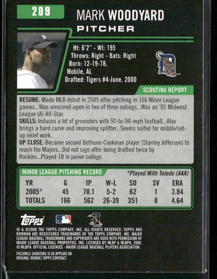 Mark Woodyard 2006 Bowman #209 Detroit Tigers