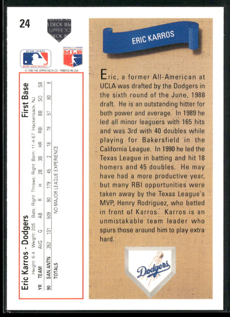 Eric Karros 1991 Upper Deck #24 RC Los Angeles Dodgers
