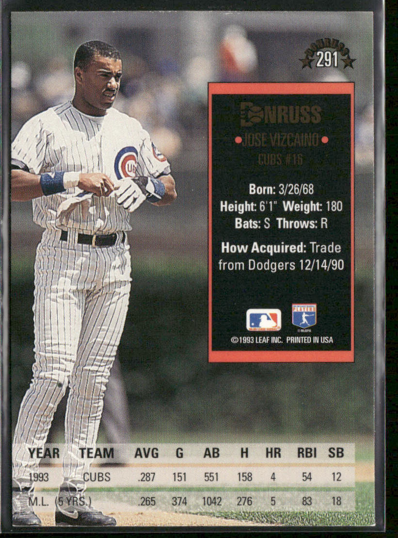 Jose Vizcaino 1994 Donruss #291 Chicago Cubs