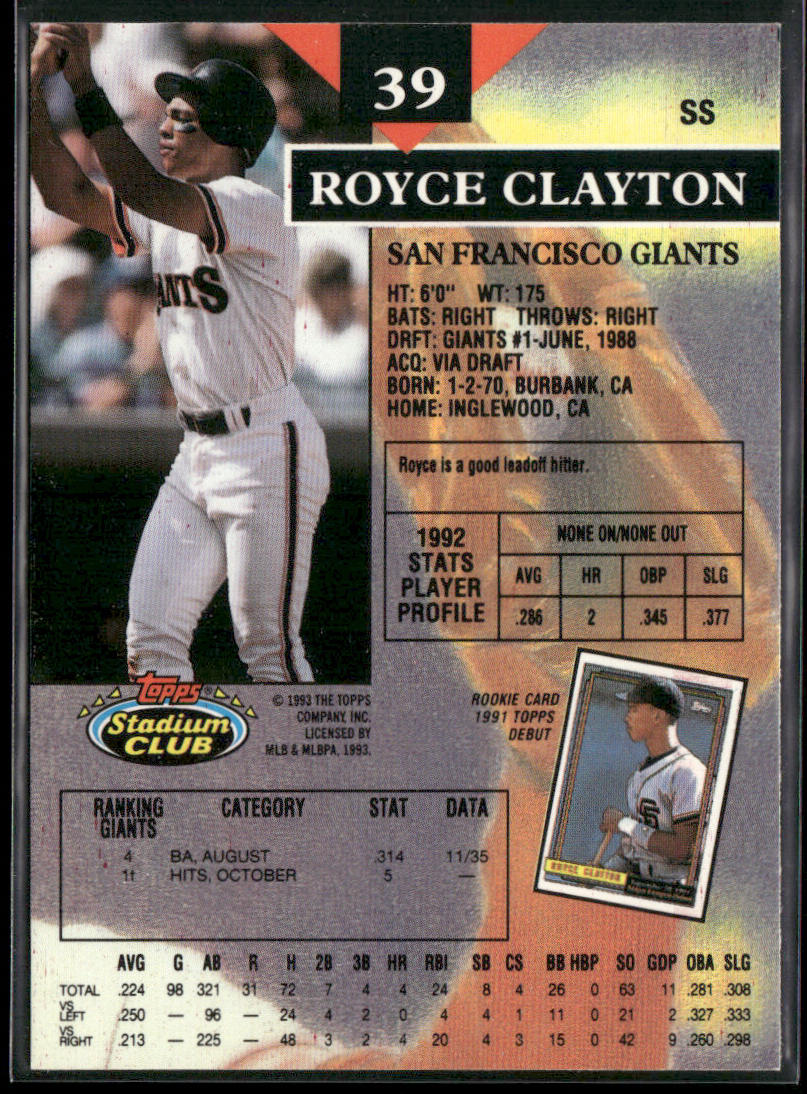 Royce Clayton 1993 Stadium Club #39 San Francisco Giants