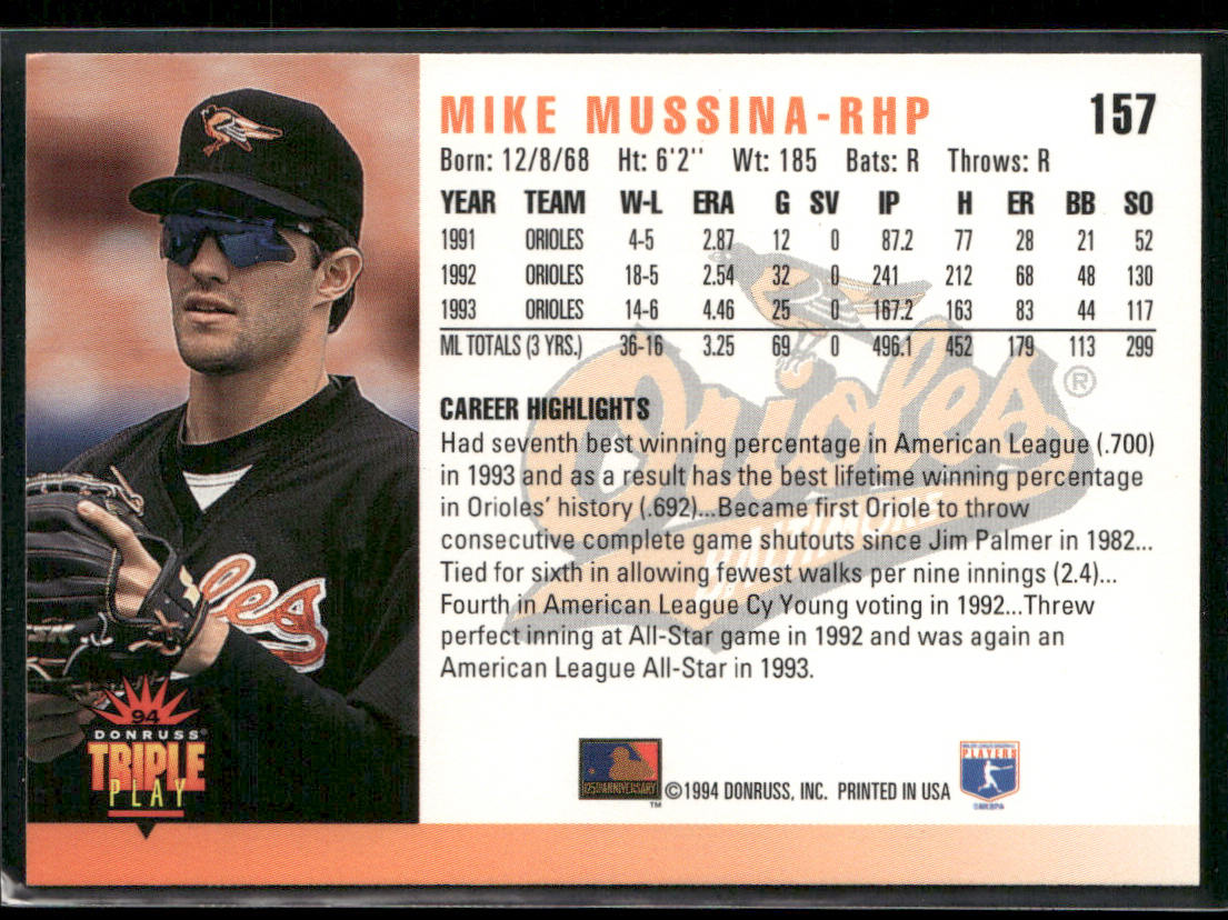 Mike Mussina 1994 Triple Play #157 Baltimore Orioles