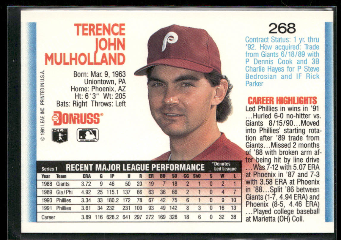 Terry Mulholland 1992 Donruss #268 Philadelphia Phillies