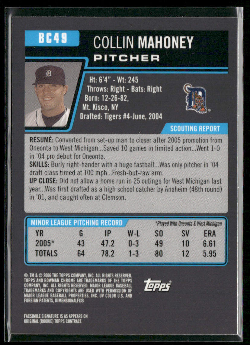 Collin Mahoney 2006 Bowman Chrome Prospects #BC49 Detroit Tigers