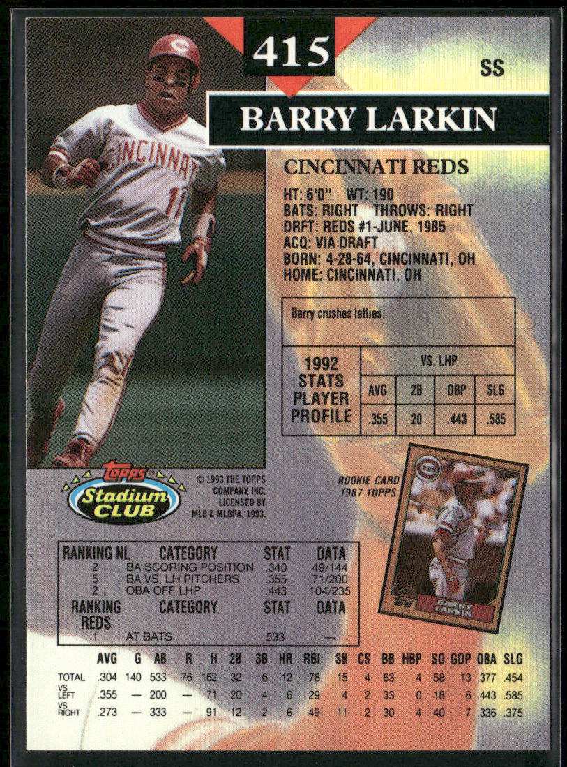 Barry Larkin 1993 Stadium Club #415 Cincinnati Reds