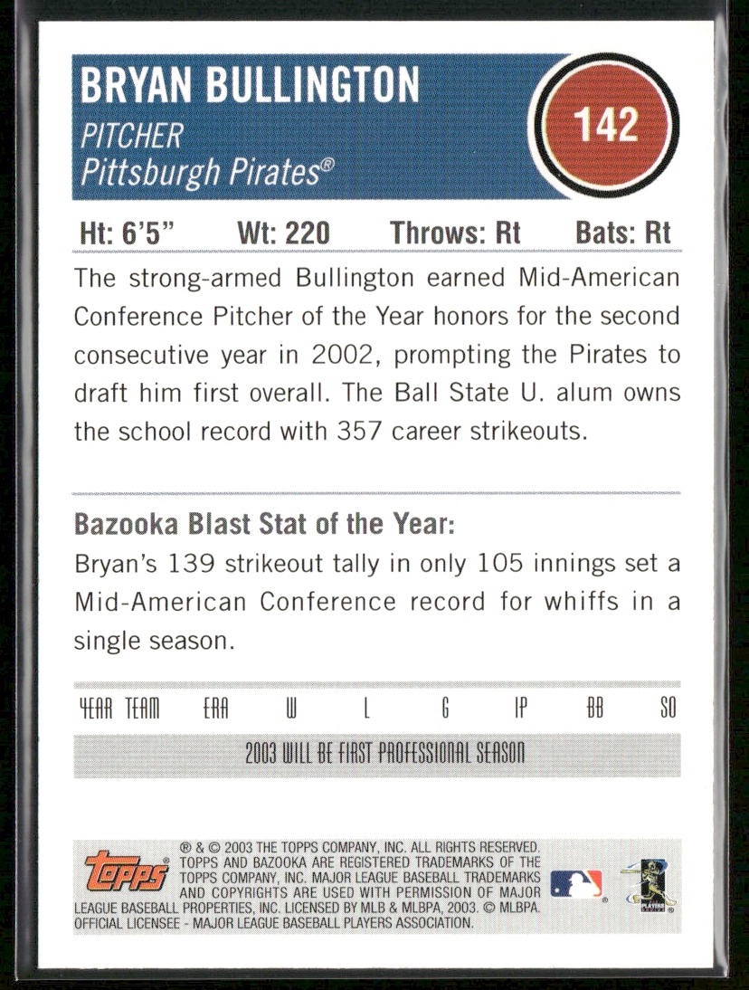 Bryan Bullington 2003 Bazooka #142 RC Pittsburgh Pirates