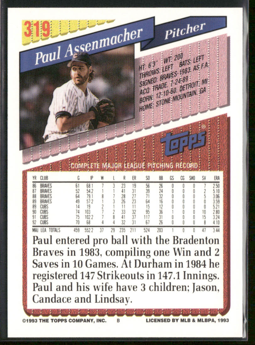 Paul Assenmacher 1993 Topps #319 Chicago Cubs