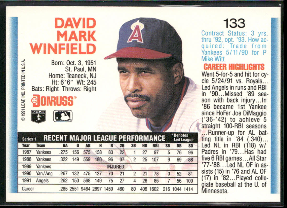 Dave Winfield 1992 Donruss #133 California Angels