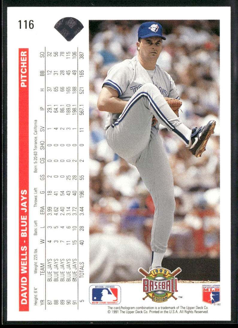 David Wells 1992 Upper Deck #116 Toronto Blue Jays