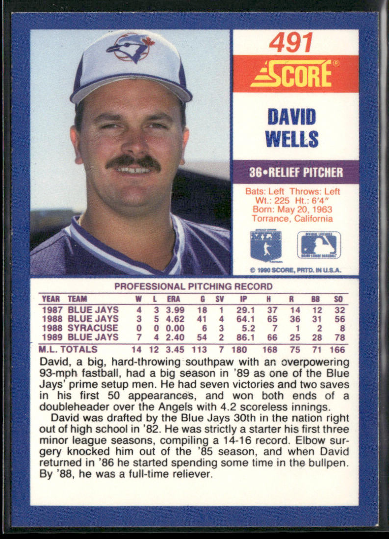 David Wells 1990 Score #491b Toronto Blue Jays
