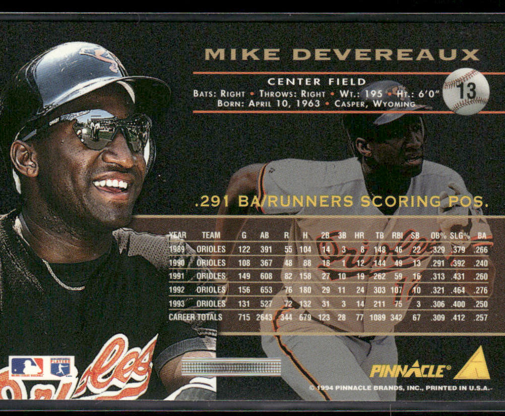 Mike Devereaux 1994 Pinnacle #13 Baltimore Orioles