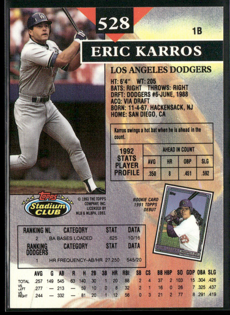 Eric Karros 1993 Stadium Club #528 Los Angeles Dodgers
