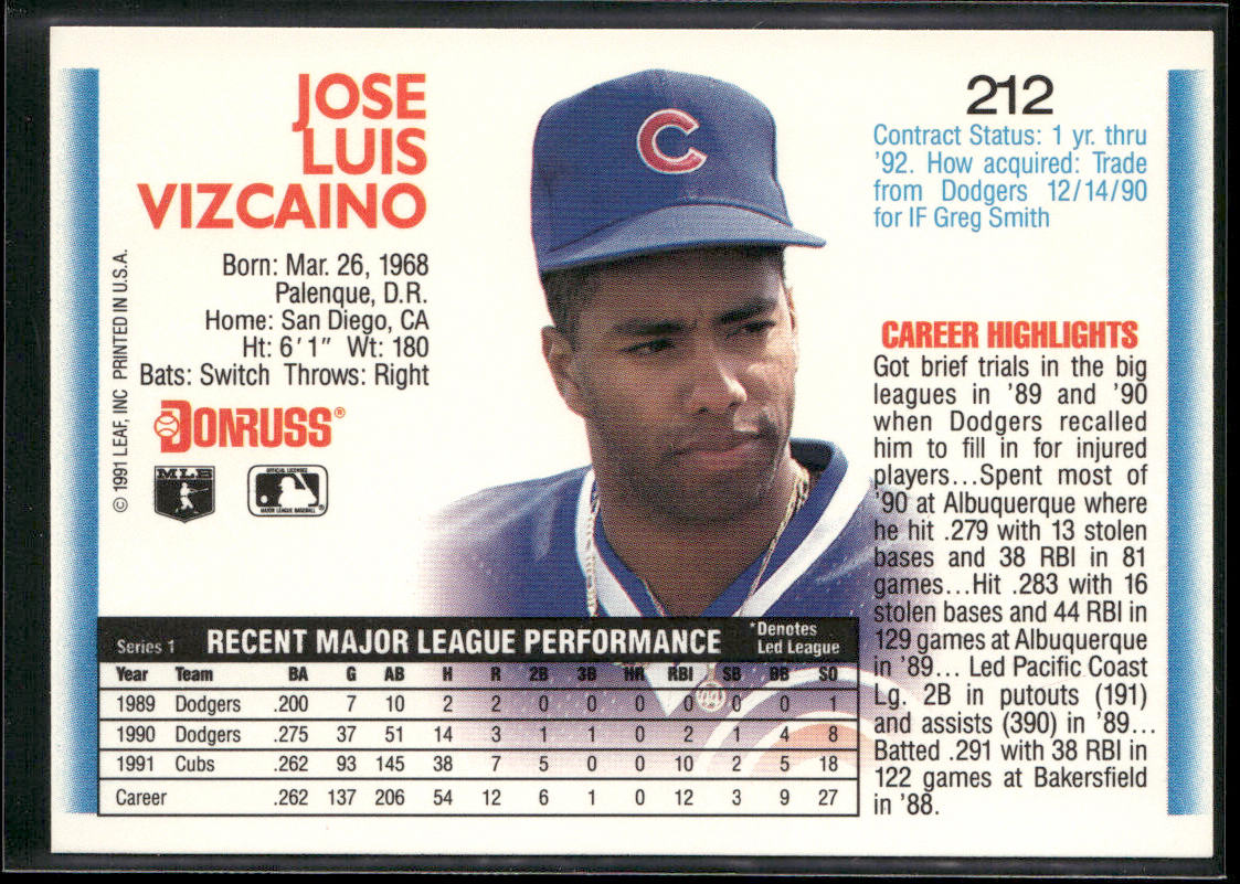 Jose Vizcaino 1992 Donruss #212 Chicago Cubs back