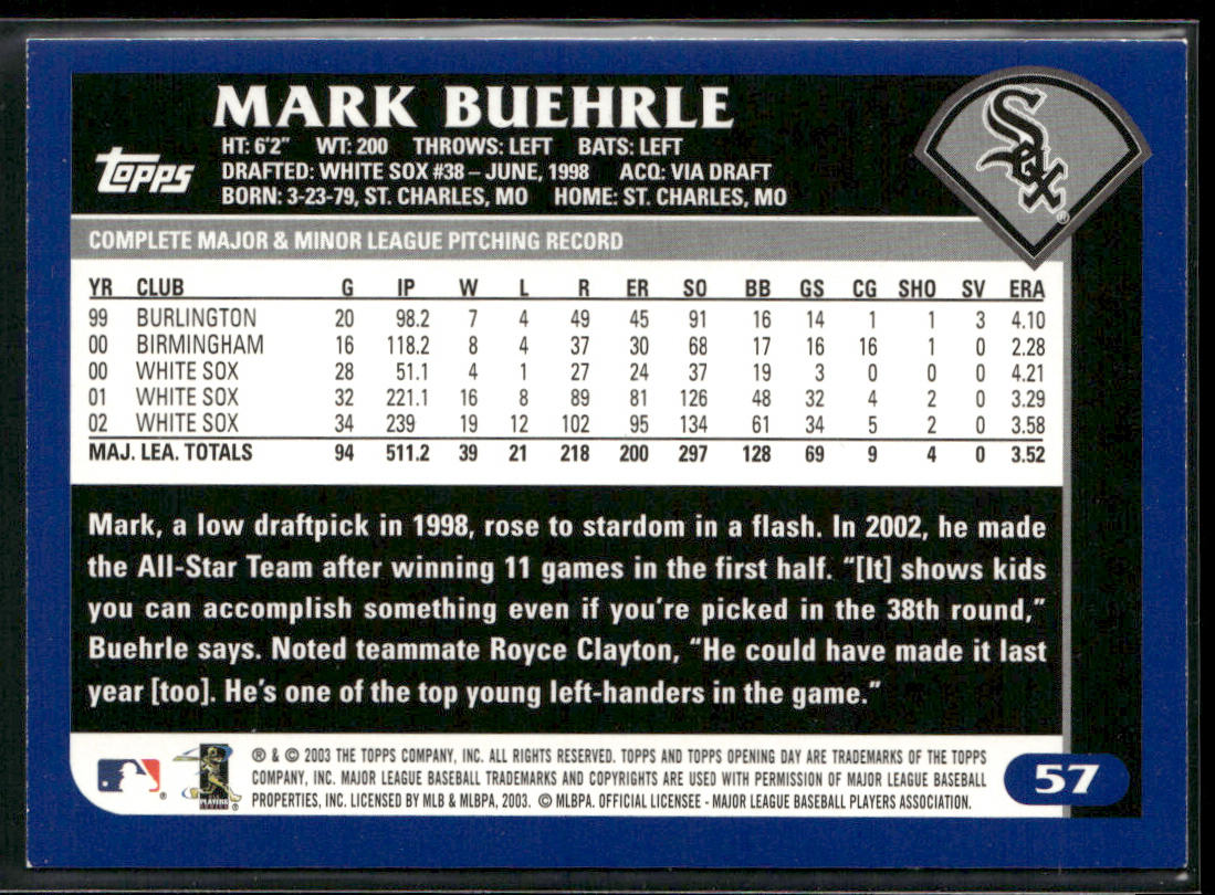 Mark Buehrle 2003 Topps Opening Day #57 Chicago White Sox