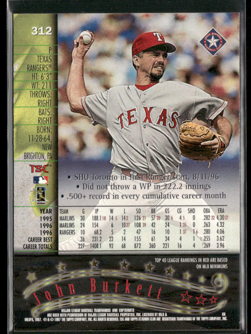 John Burkett 1997 Stadium Club #312 Texas Rangers