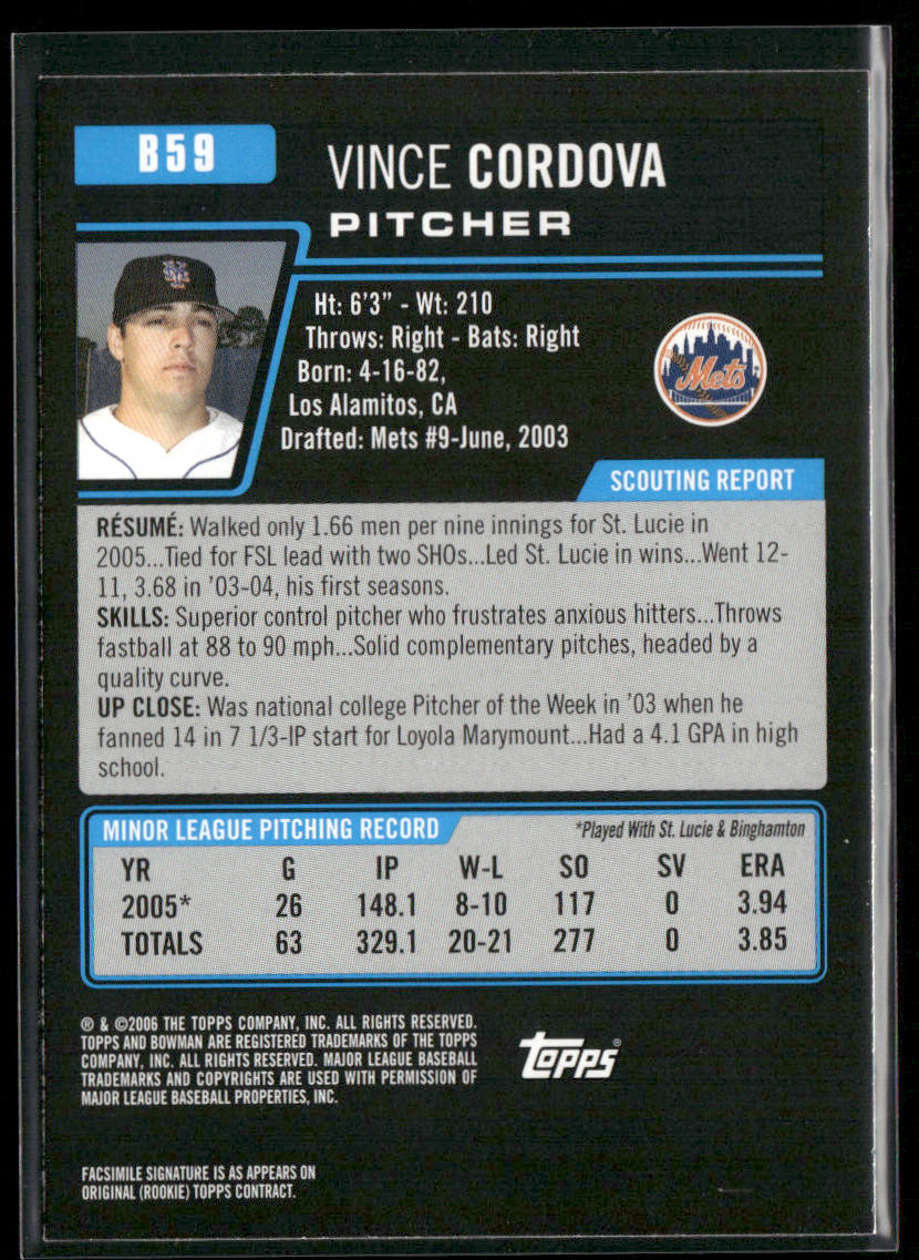 Vince Cordova 2006 Bowman Prospects #B59 New York Mets