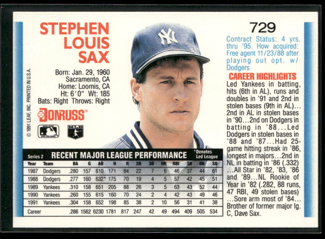 Steve Sax 1992 Donruss #729b New York Yankees