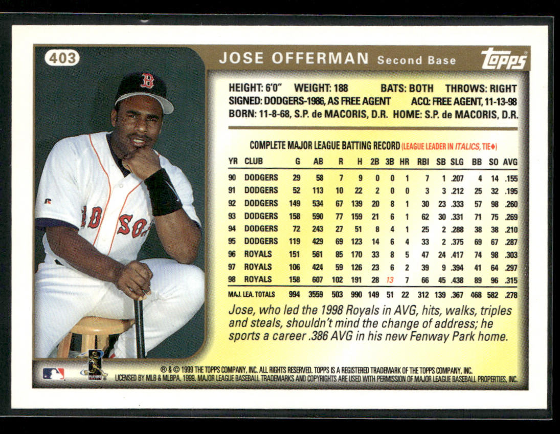 Jose Offerman 1999 Topps #403 Boston Red Sox back