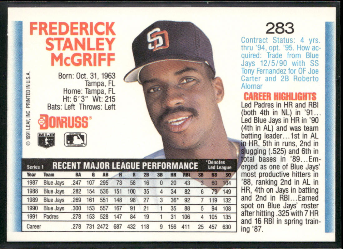 Fred McGriff 1992 Donruss #283 San Diego Padres