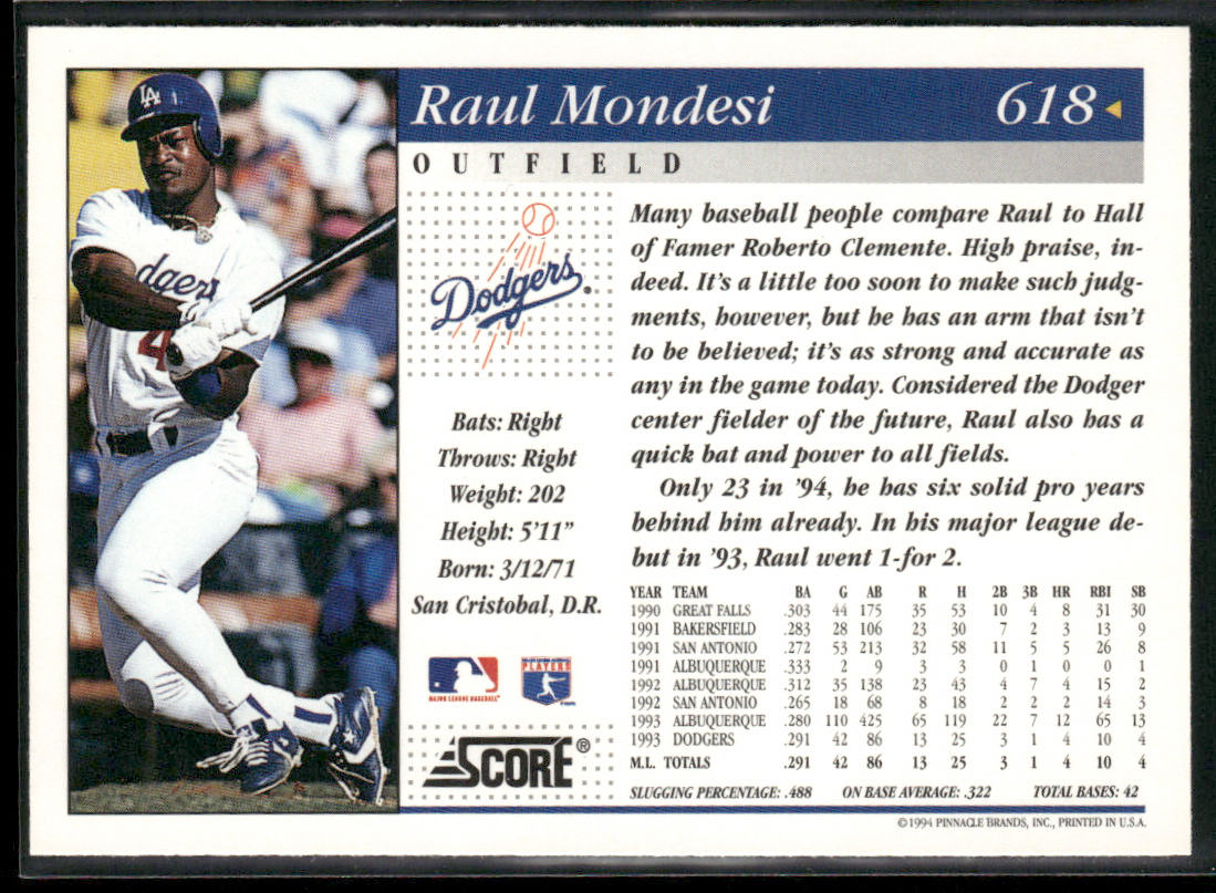 Raul Mondesi 1994 Score #618 Los Angeles Dodgers