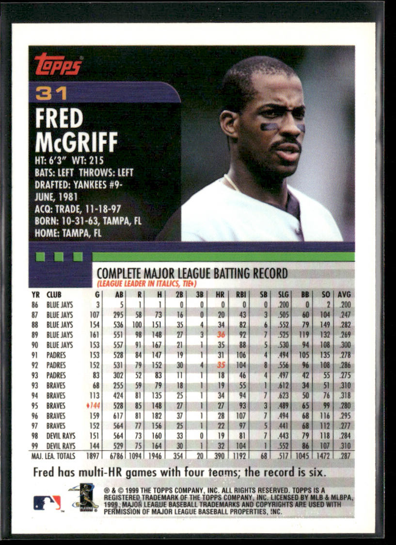 Fred McGriff 2000 Topps #31 Tampa Bay Devil Rays