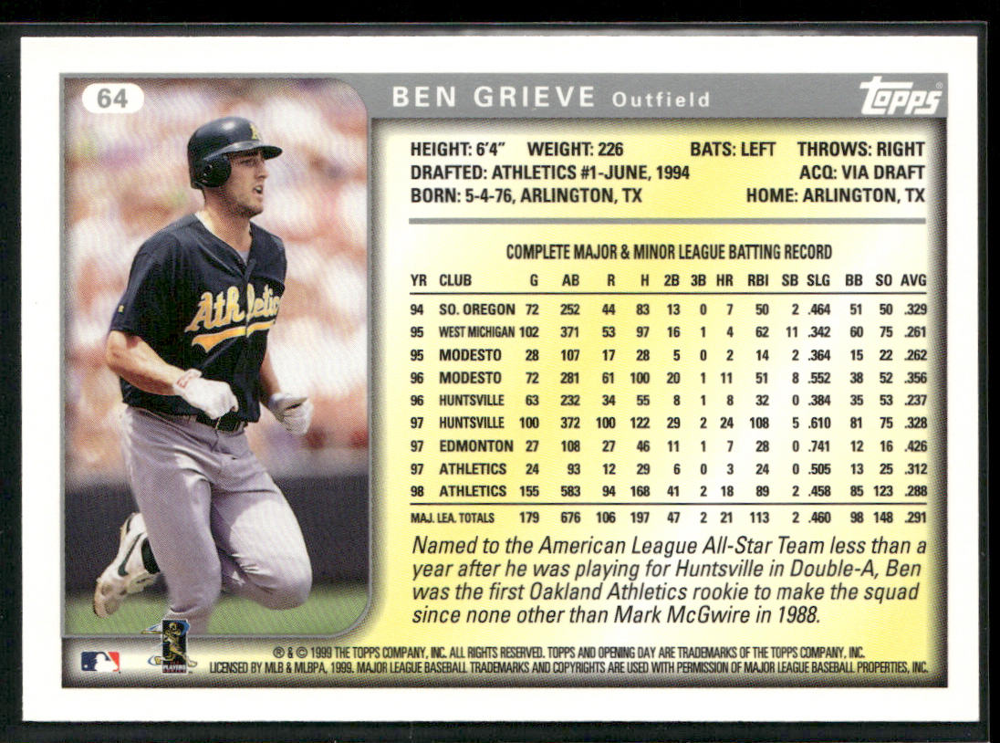 Ben Grieve 1999 Topps Opening Day #64 Oakland Athletics