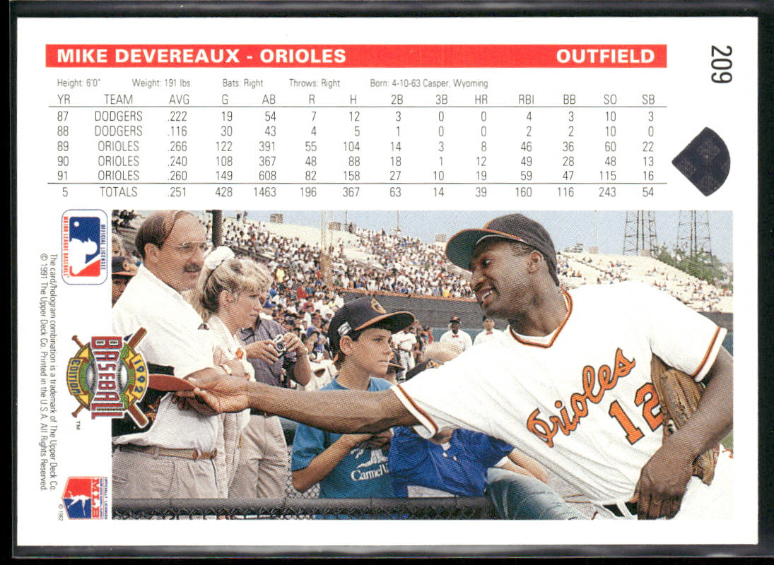 Mike Devereaux 1992 Upper Deck #209 Baltimore Orioles back