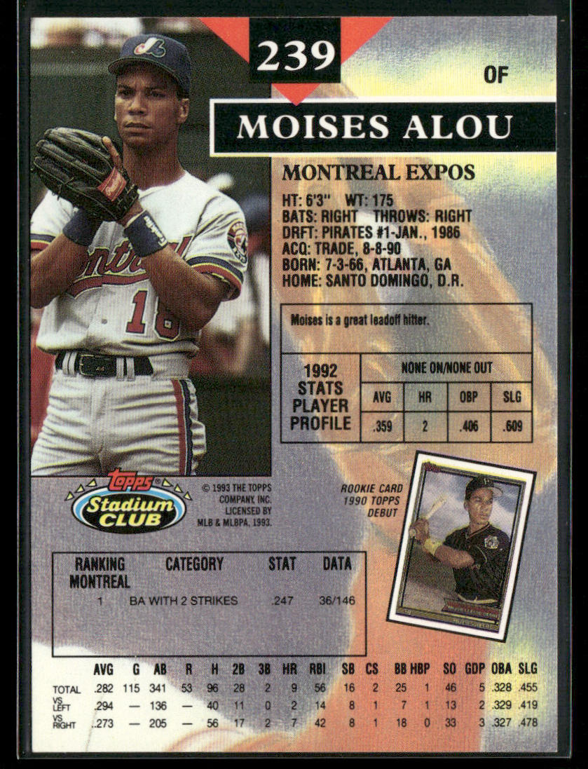 Moises Alou 1993 Stadium Club #239 Montreal Expos back