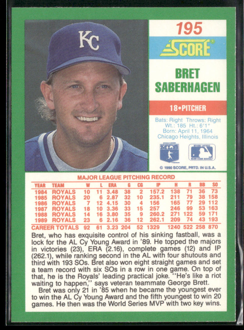 Bret Saberhagen 1990 Score #195a Kansas City Royals