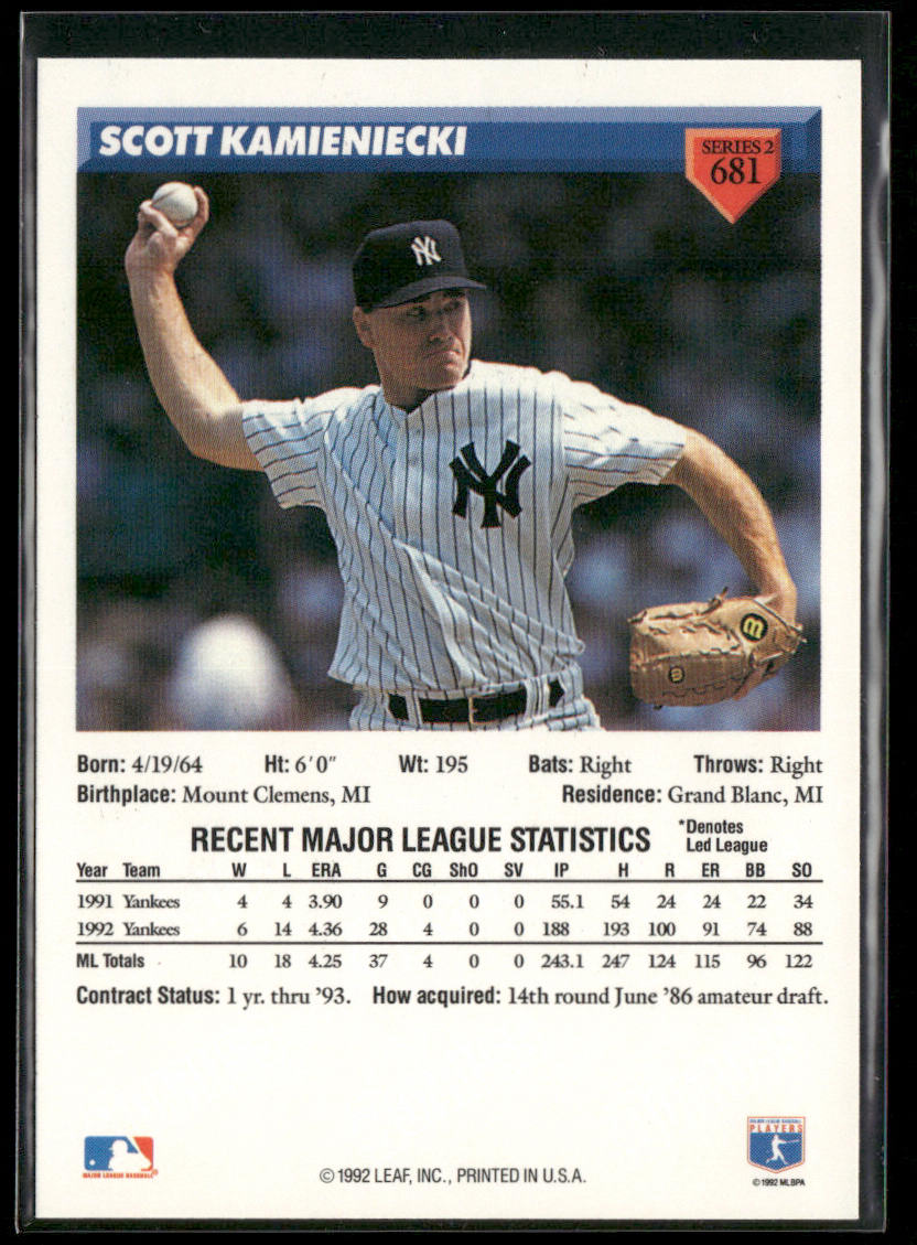 Scott Kamieniecki 1993 Donruss #681 New York Yankees