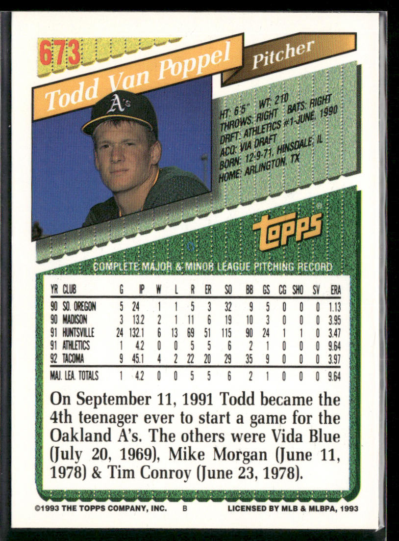 Todd Van Poppel 1993 Topps #673 Oakland Athletics