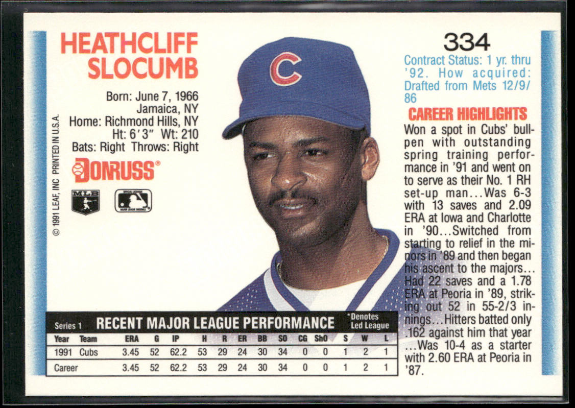 Heathcliff Slocumb 1992 Donruss #334 Chicago Cubs