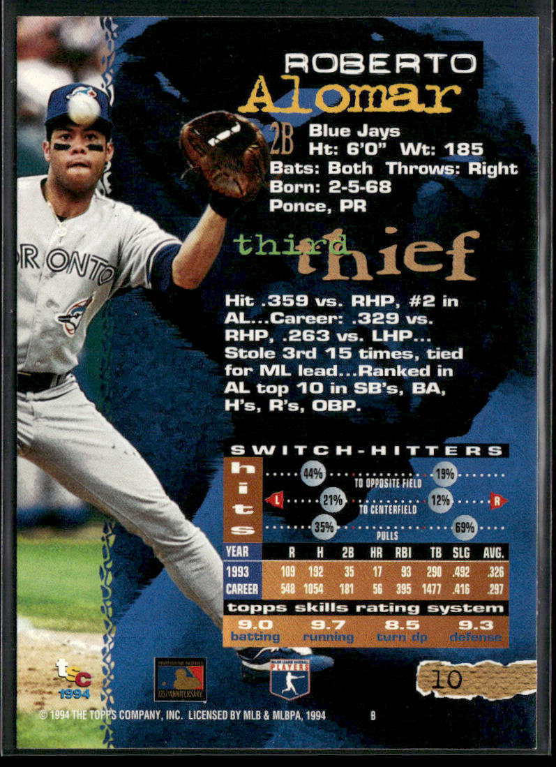 Roberto Alomar 1994 Stadium Club #10 Toronto Blue Jays