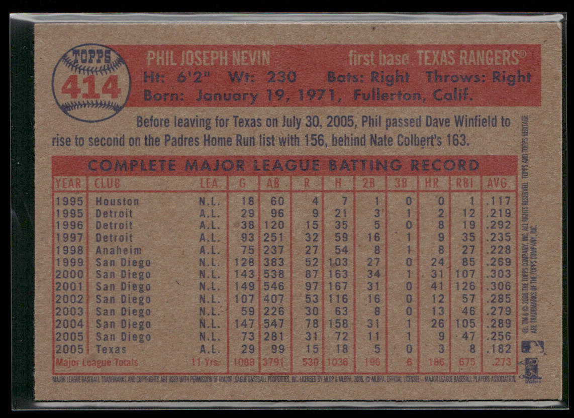 Phil Nevin 2006 Topps Heritage #414 Texas Rangers