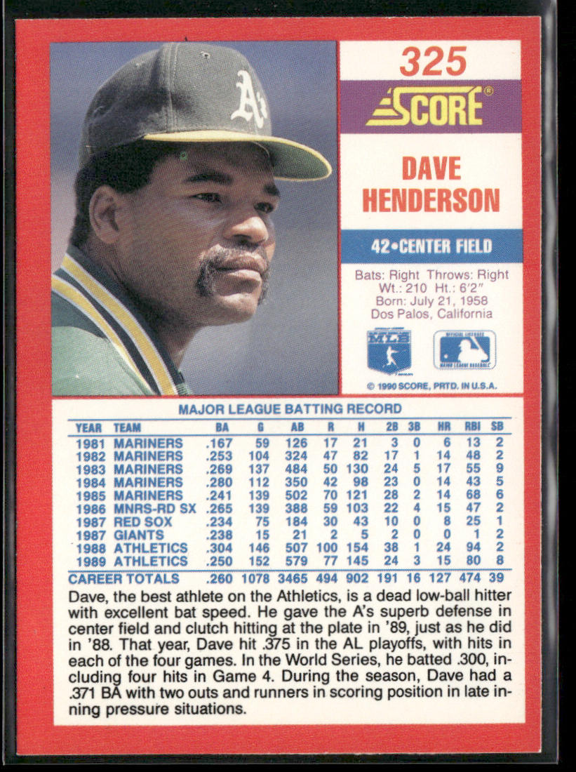 Dave Henderson 1990 Score #325 Oakland Athletics