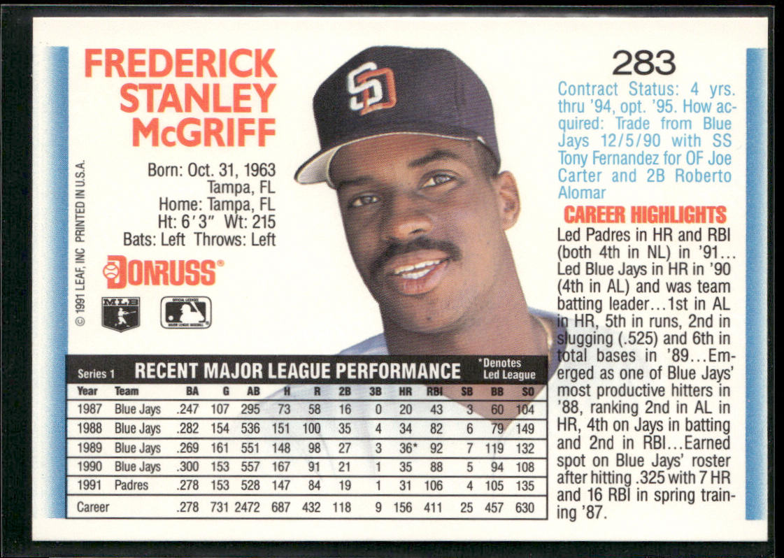 Fred McGriff 1992 Donruss #283 San Diego Padres back