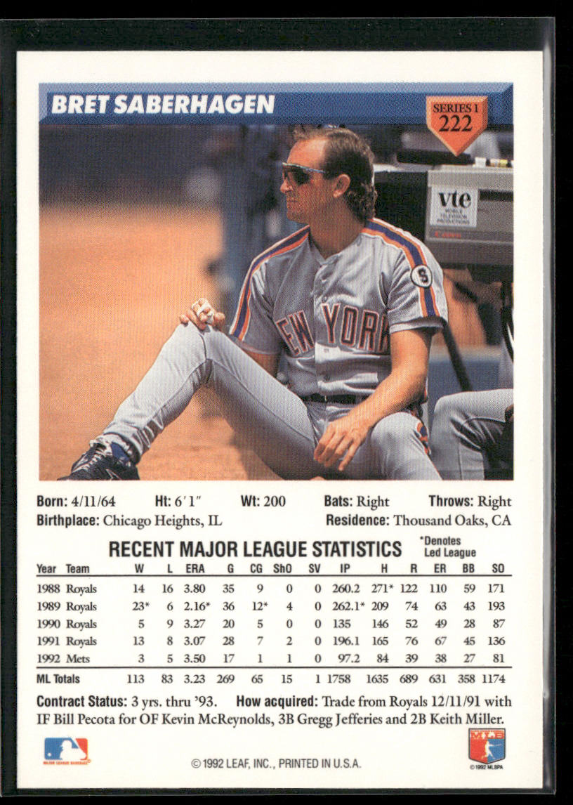 Bret Saberhagen 1993 Donruss #222 New York Mets