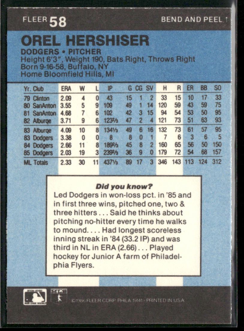 Orel Hershiser 1986 Fleer Star Stickers #58 Los Angeles Dodgers
