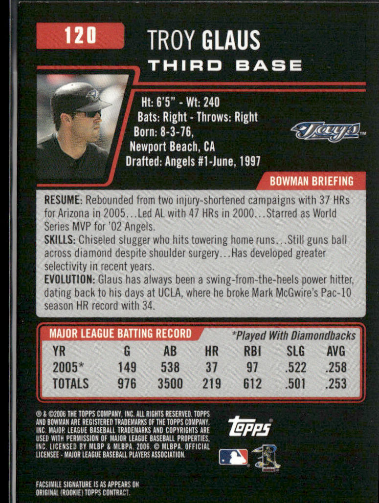 Troy Glaus 2006 Bowman #120 Toronto Blue Jays