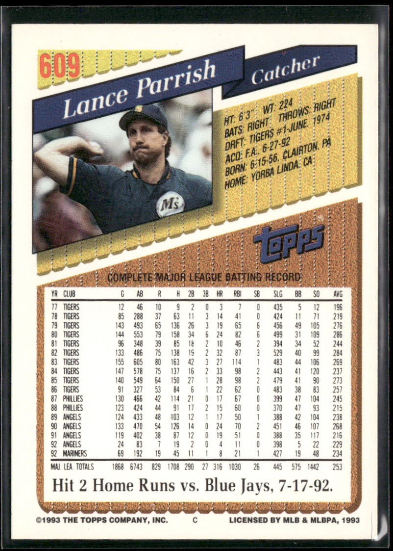 Lance Parrish 1993 Topps #609 Seattle Mariners