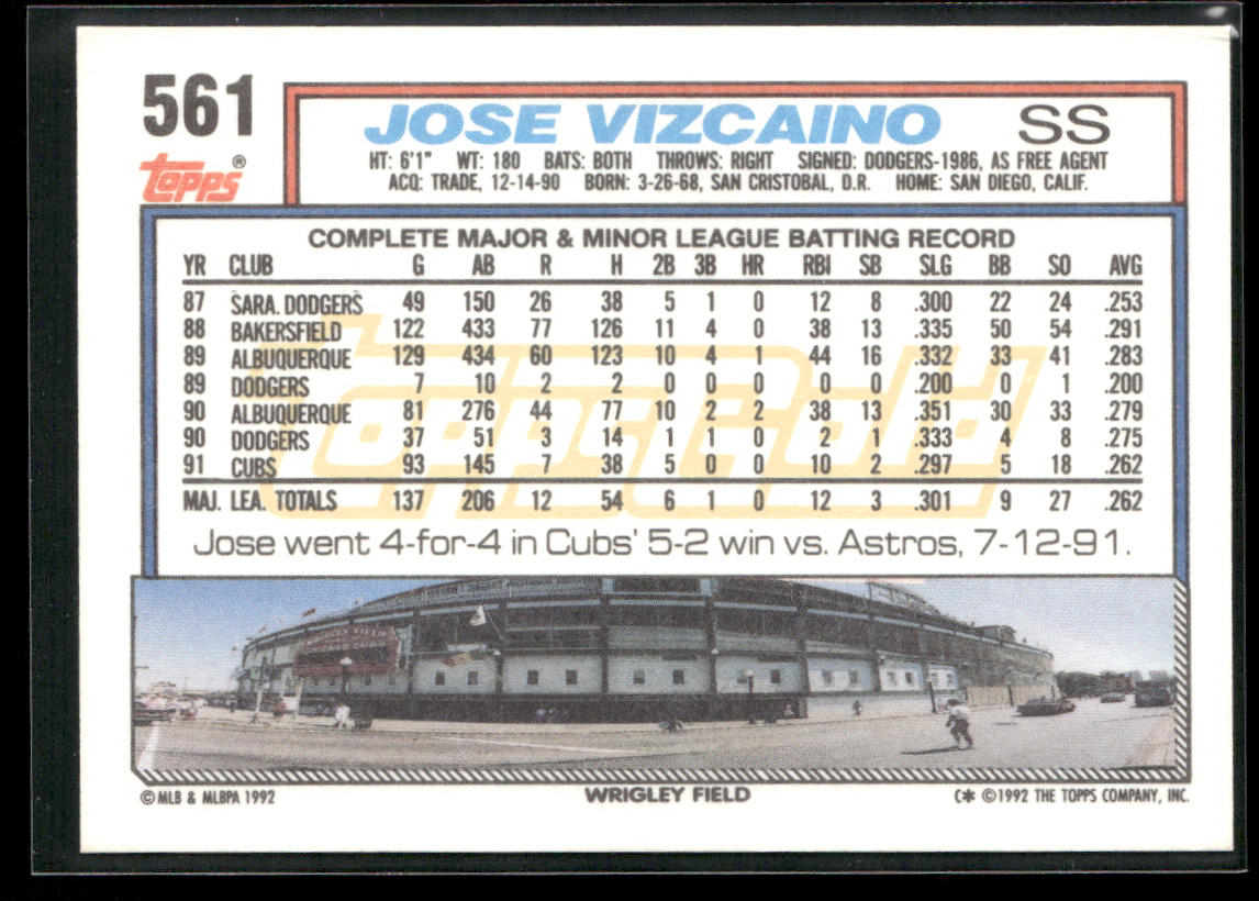 Jose Vizcaino 1992 Topps Gold Winners #561 Chicago Cubs