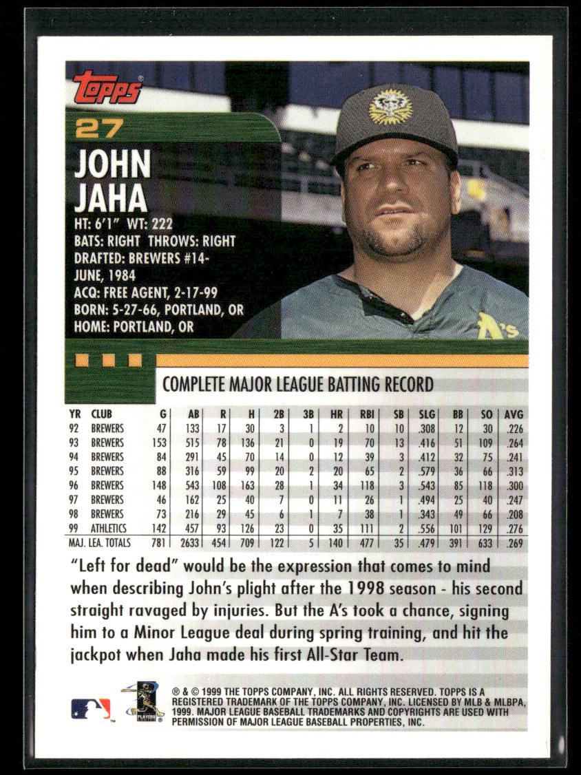 John Jaha 2000 Topps #27 Oakland Athletics back
