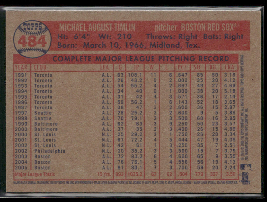 Mike Timlin 2006 Topps Heritage #484 Boston Red Sox back