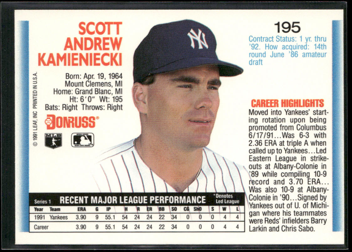 Scott Kamieniecki 1992 Donruss #195b New York Yankees back