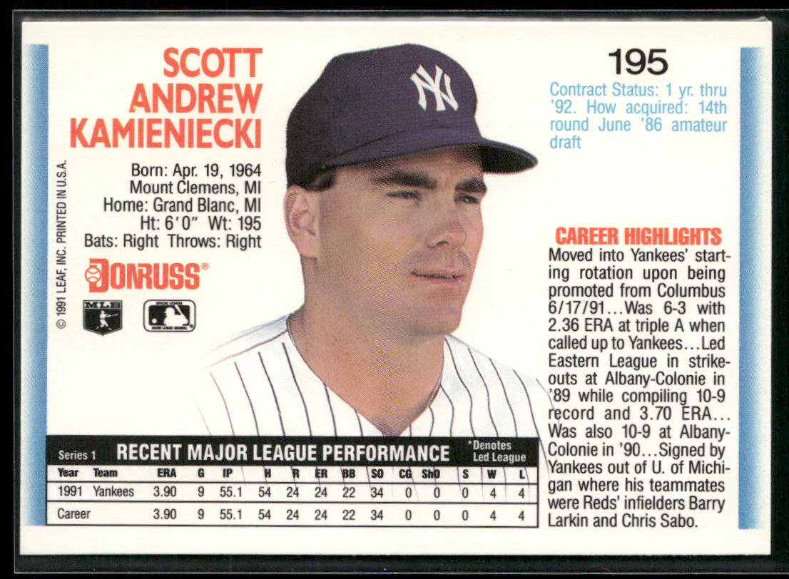 Scott Kamieniecki 1992 Donruss #195b New York Yankees back