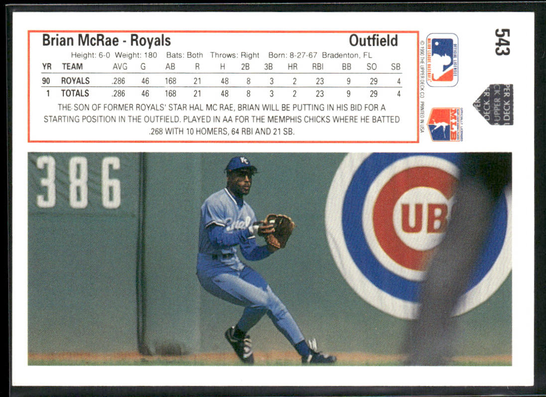 Brian McRae 1991 Upper Deck #543b RC Kansas City Royals