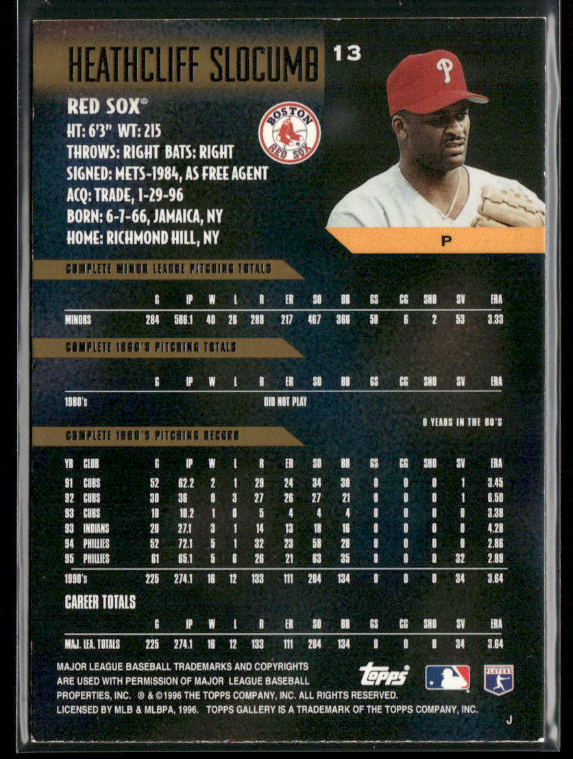 Heathcliff Slocumb 1996 Topps Gallery #13 Boston Red Sox back